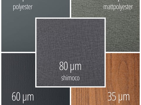 Overzicht van de verschillende coatings voor golfplaten, van 25 µm polyester tot 80 µm Shimoco, inclusief structuuropties