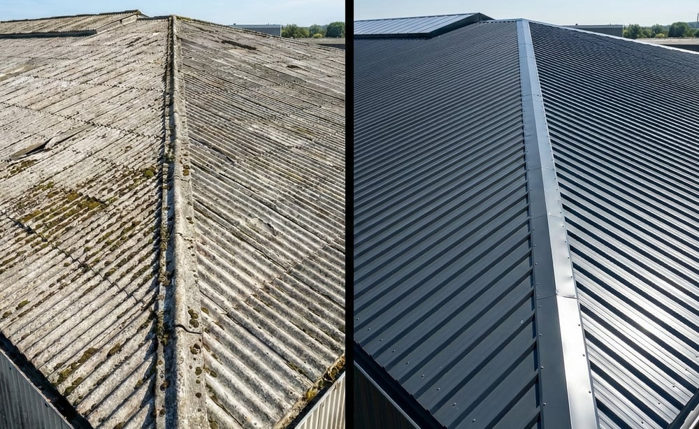 Dakrenovatie: vervanging van asbesthoudende golfplaten door moderne metalen platen