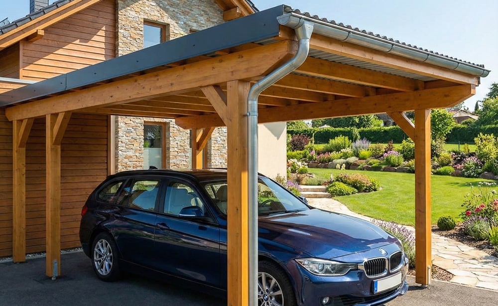 Moderne dubbele carport met antracietkleurig damwandplaat-dak en passende afwatering