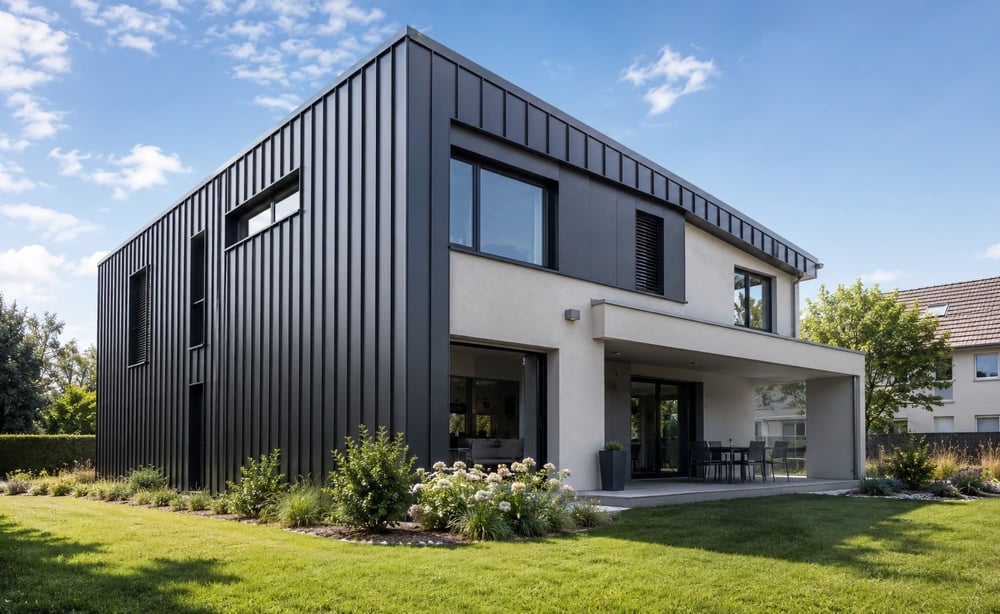 Modern woonhuis met damwandplaat-gevel in antraciet