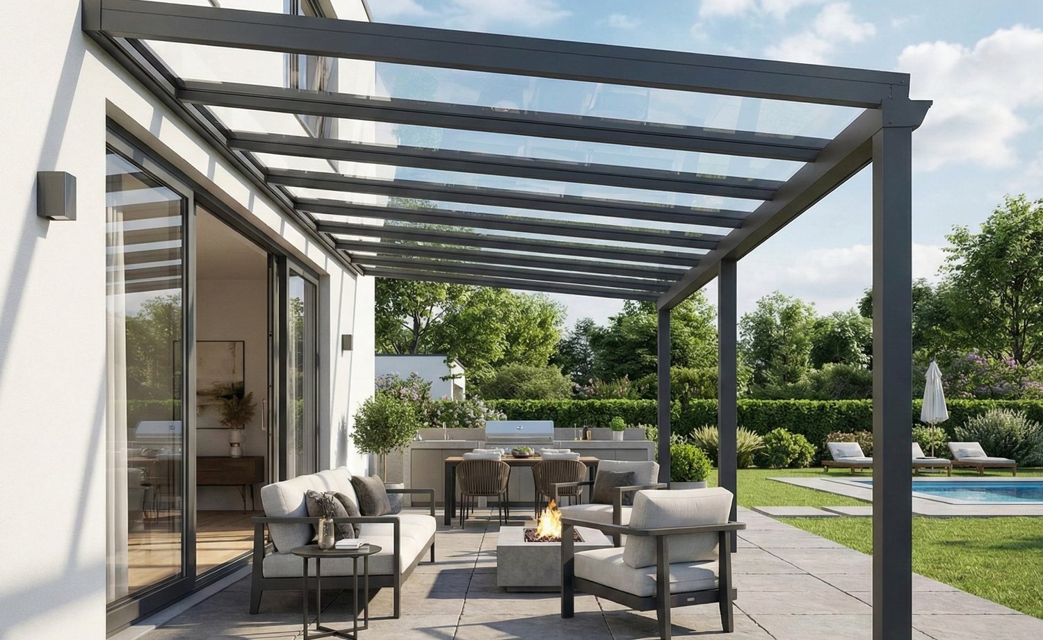 Moderne terrasoverkapping van aluminium in antraciet met glazen dakbedekking