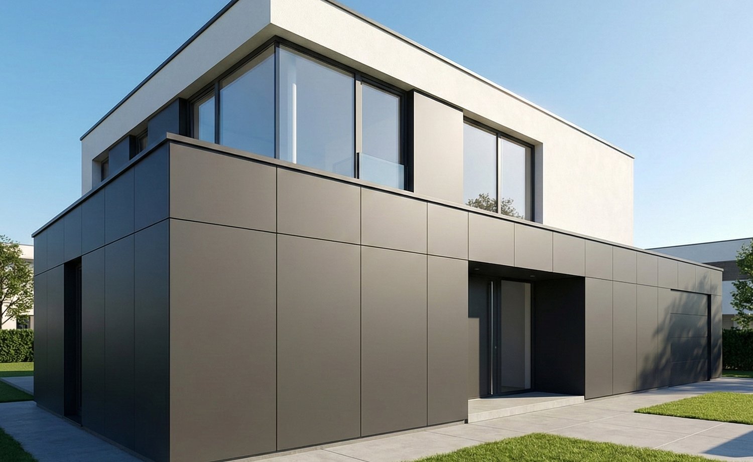 Moderne gevelbekleding met donkere HPL-platen