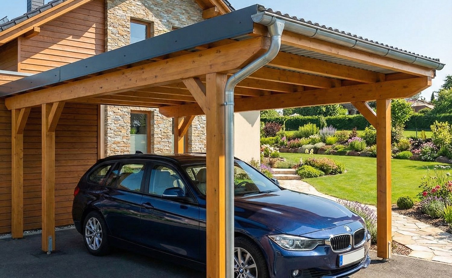 Moderne dubbele carport met antracietkleurig damwandplaat-dak en passende afwatering