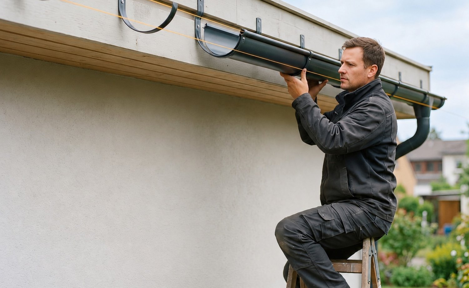 Vakman hangt een dakgoot in de gemonteerde gootbeugels van een carport