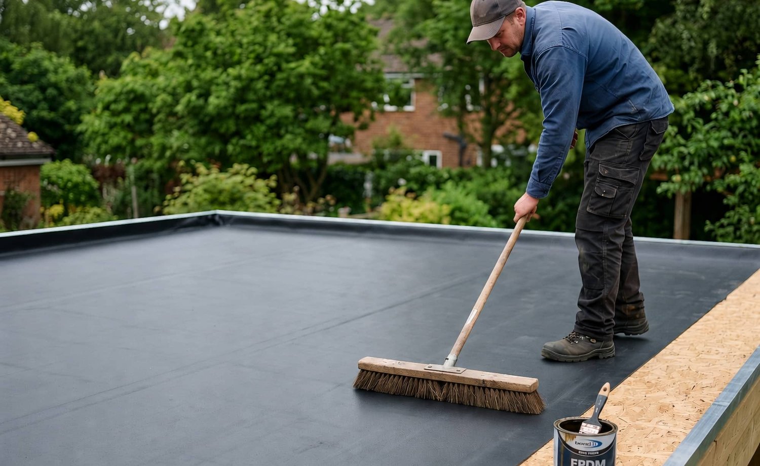 Vakman rolt een zwarte EPDM-dakbaan uit op een plat dak