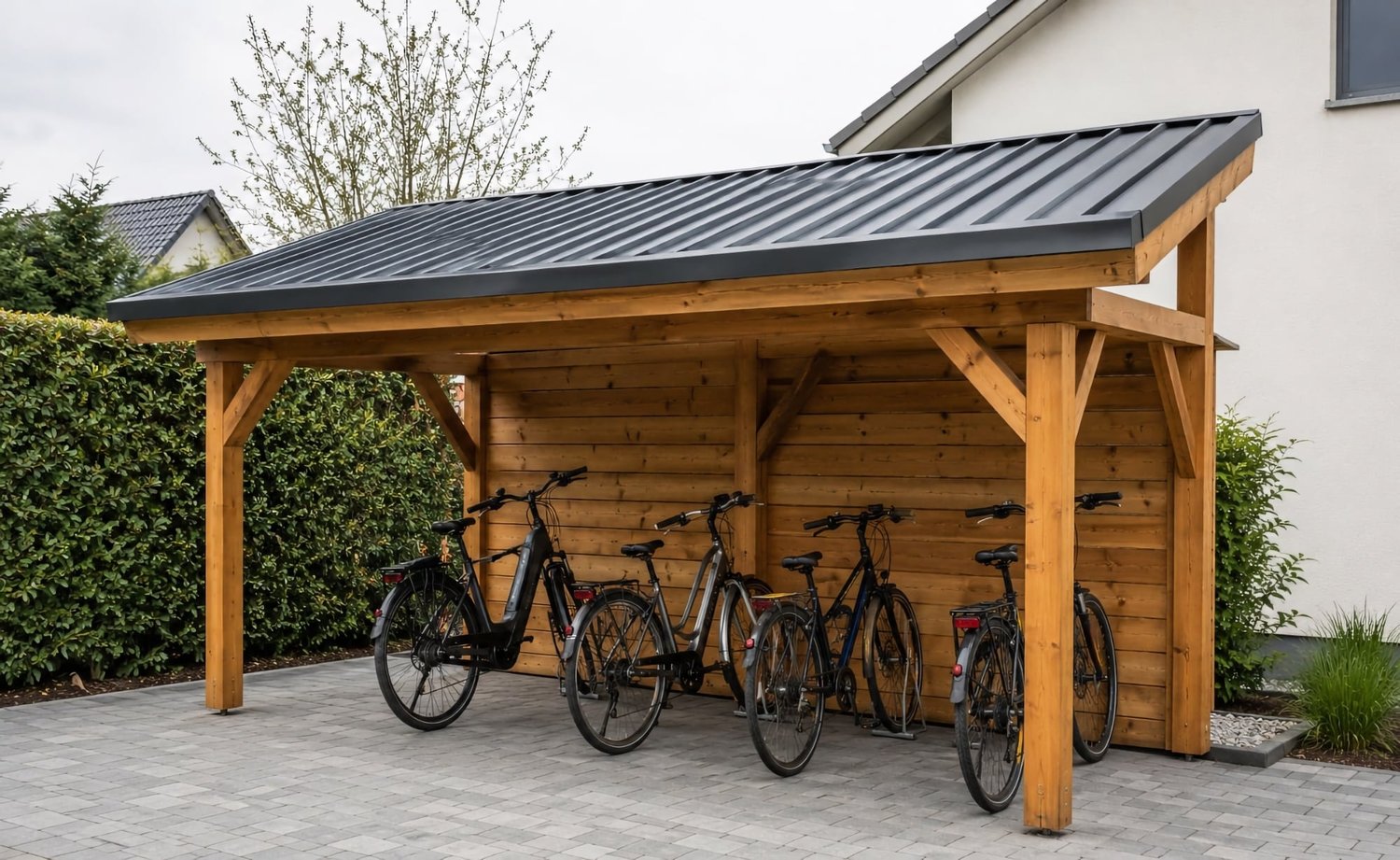 Fietsenoverkapping met damwandplaat-dak voor fietsen en e-bikes