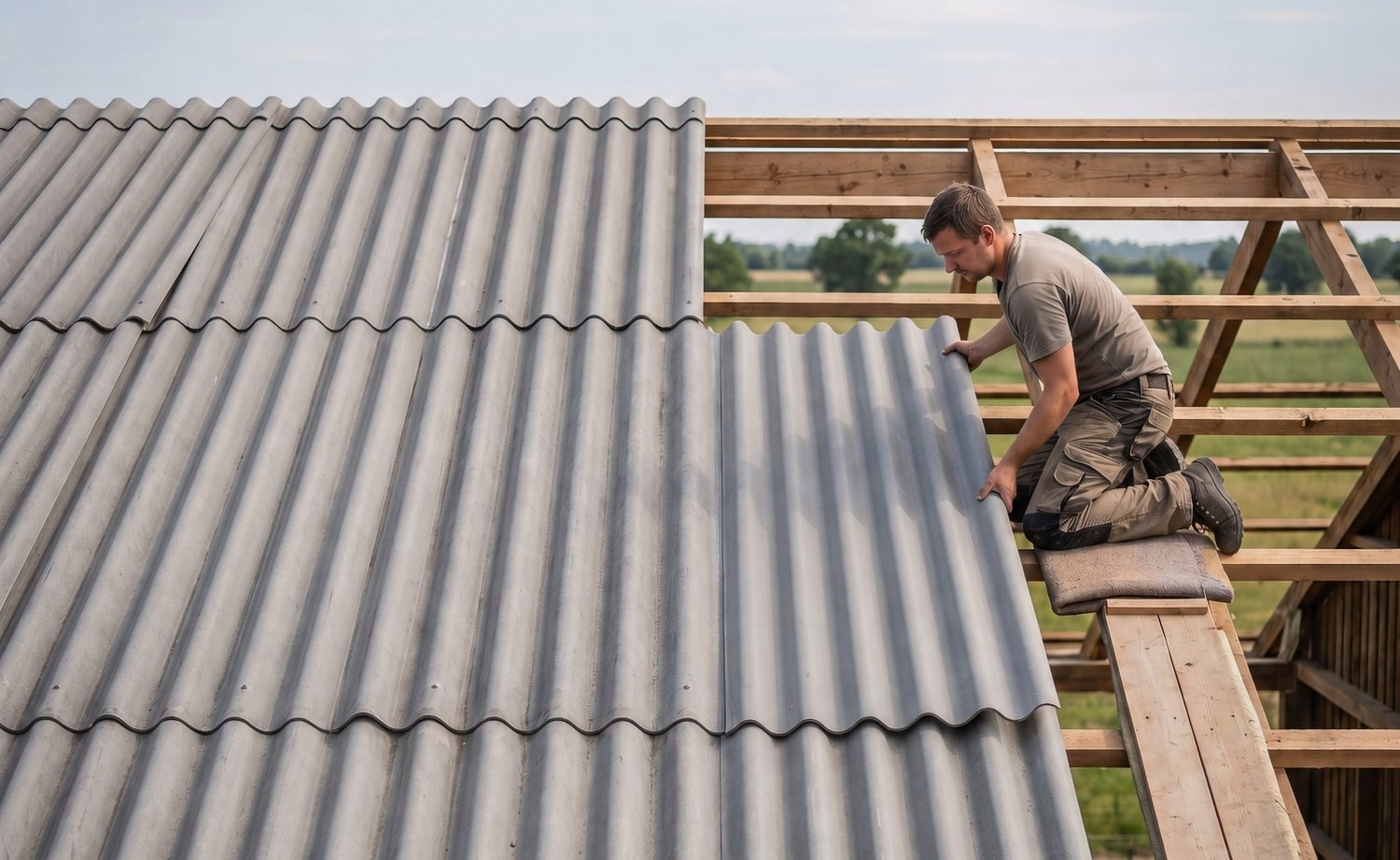 Vakman legt grijze vezelcement golfplaten op de gordingconstructie van een schuur
