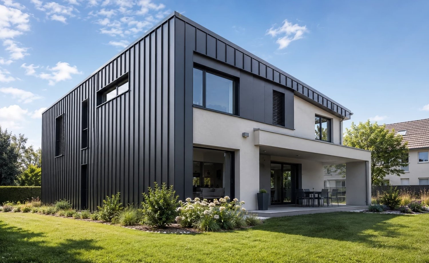 Modern woonhuis met damwandplaat-gevel in antraciet