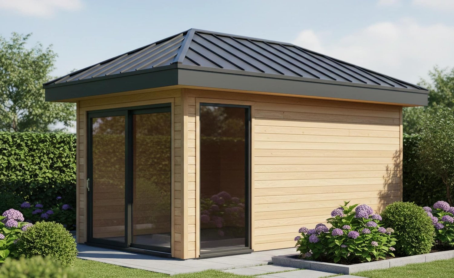 Modern tuinhuis met hoogwaardige damwandplaten-dakbedekking in antraciet
