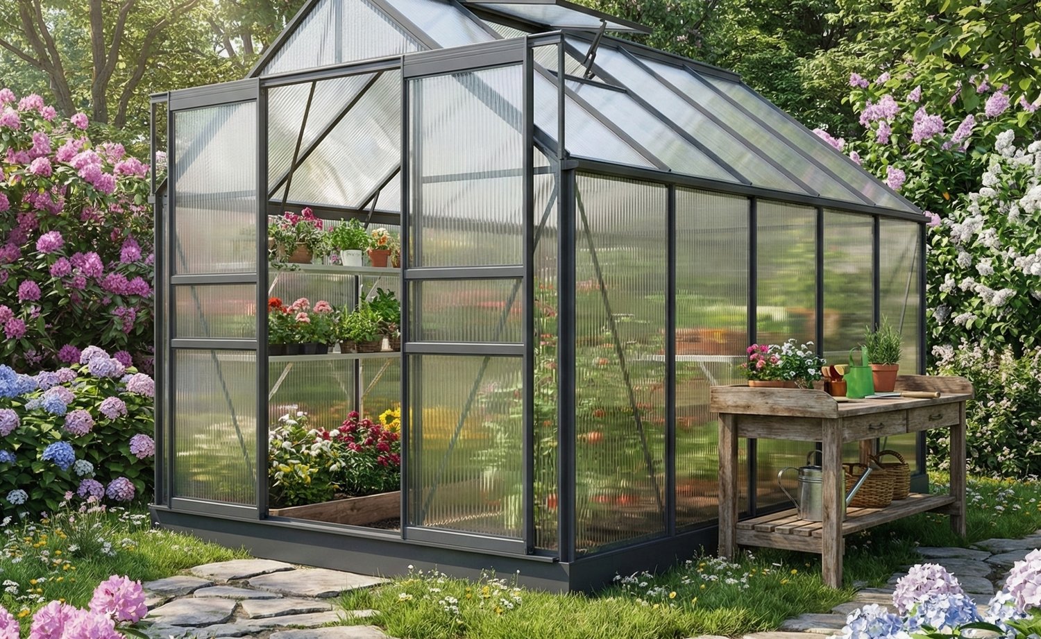 Hobby-kas in de tuin met heldere kanaalplaten van polycarbonaat