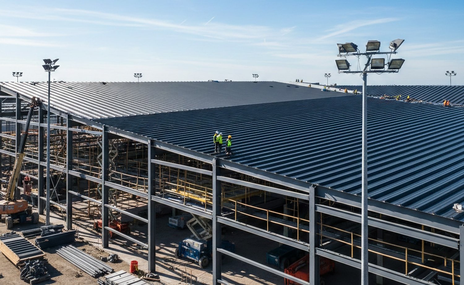 Moderne industriehal met grote warmdakplaat-bedekking voor maximale belastbaarheid