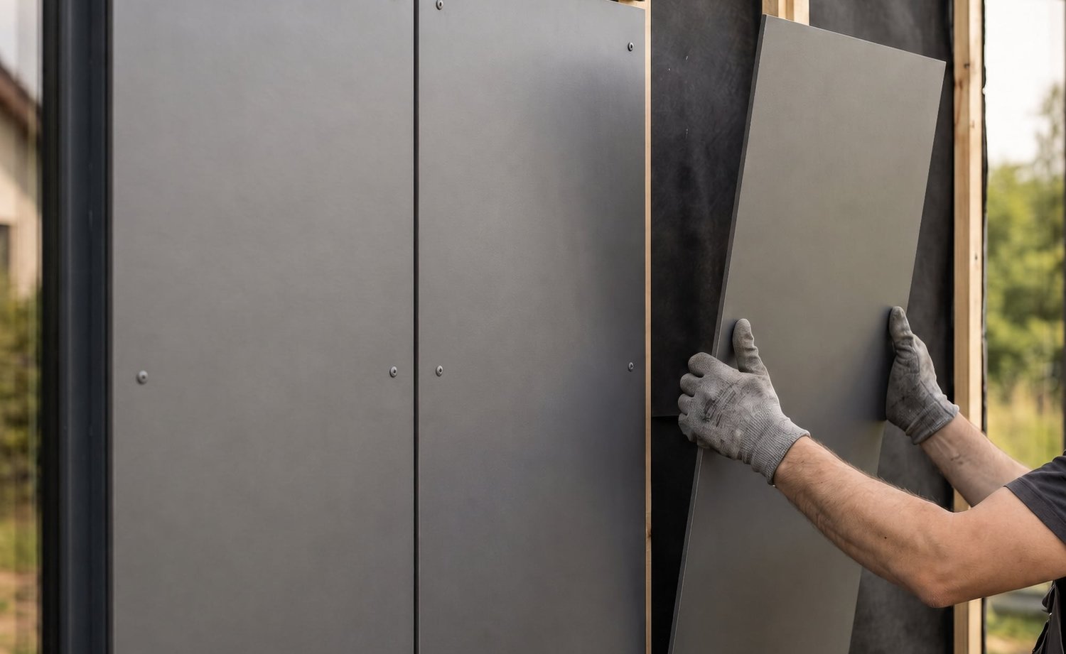 Vakman plaatst een HPL-laminaatplaat met zichtbare voeg op een geventileerde onderconstructie