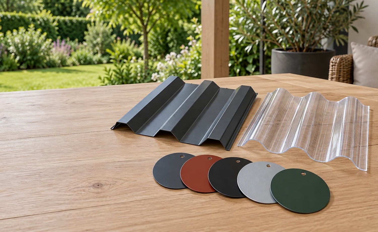 Ronde kleurmonsters en profielmonsters van damwandplaat en lichtplaat op een houten tafel