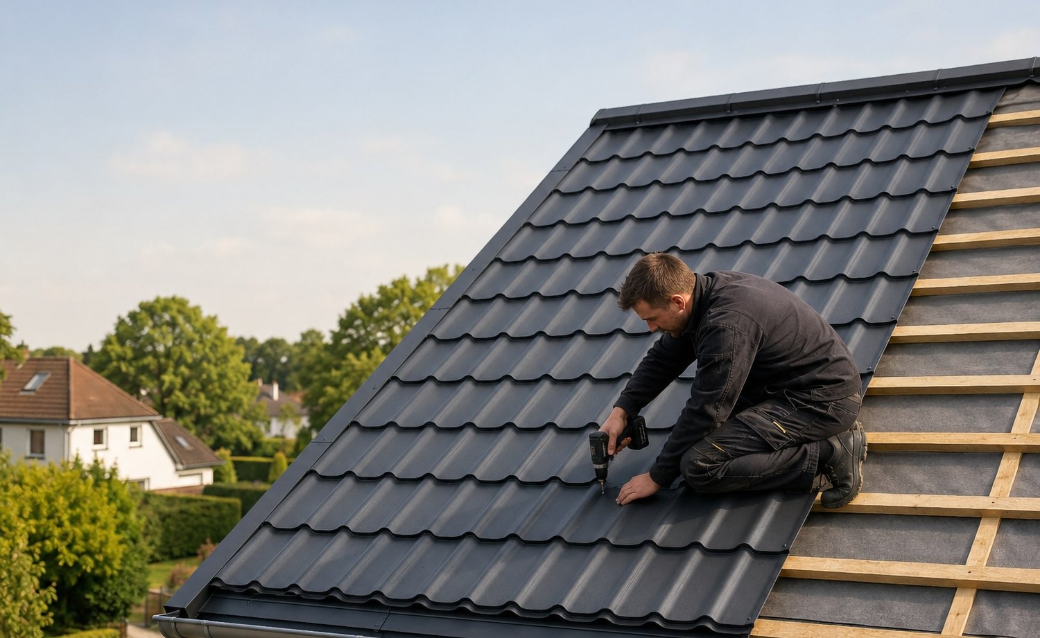 Vakman legt dakpanplaten op een dakvlak van een woonhuis