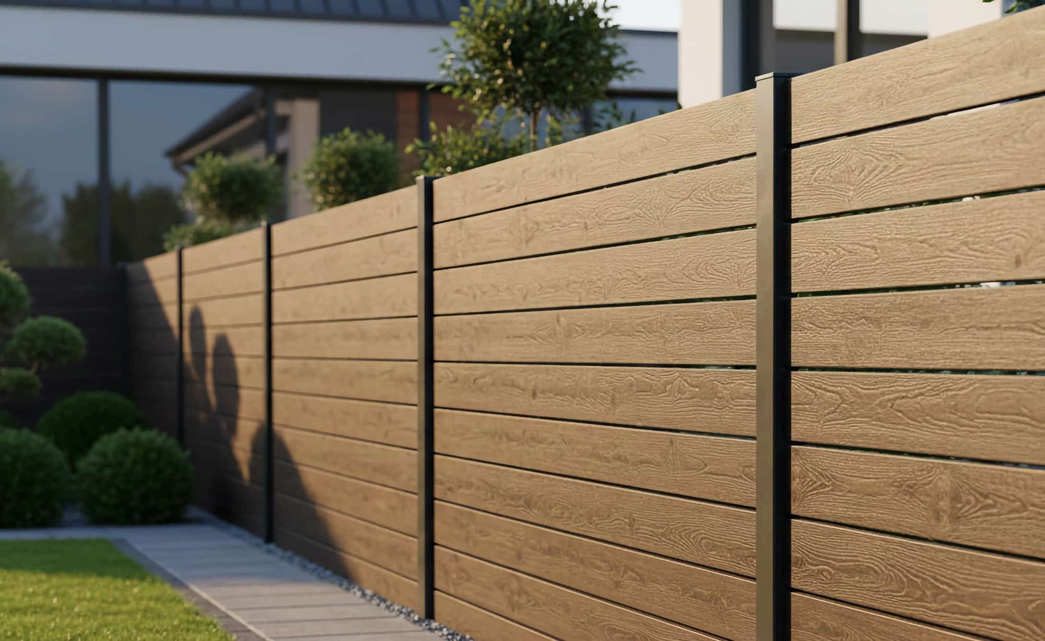 Modern privacy-hek uit damwandplaat in bedrieglijk echte houtlook