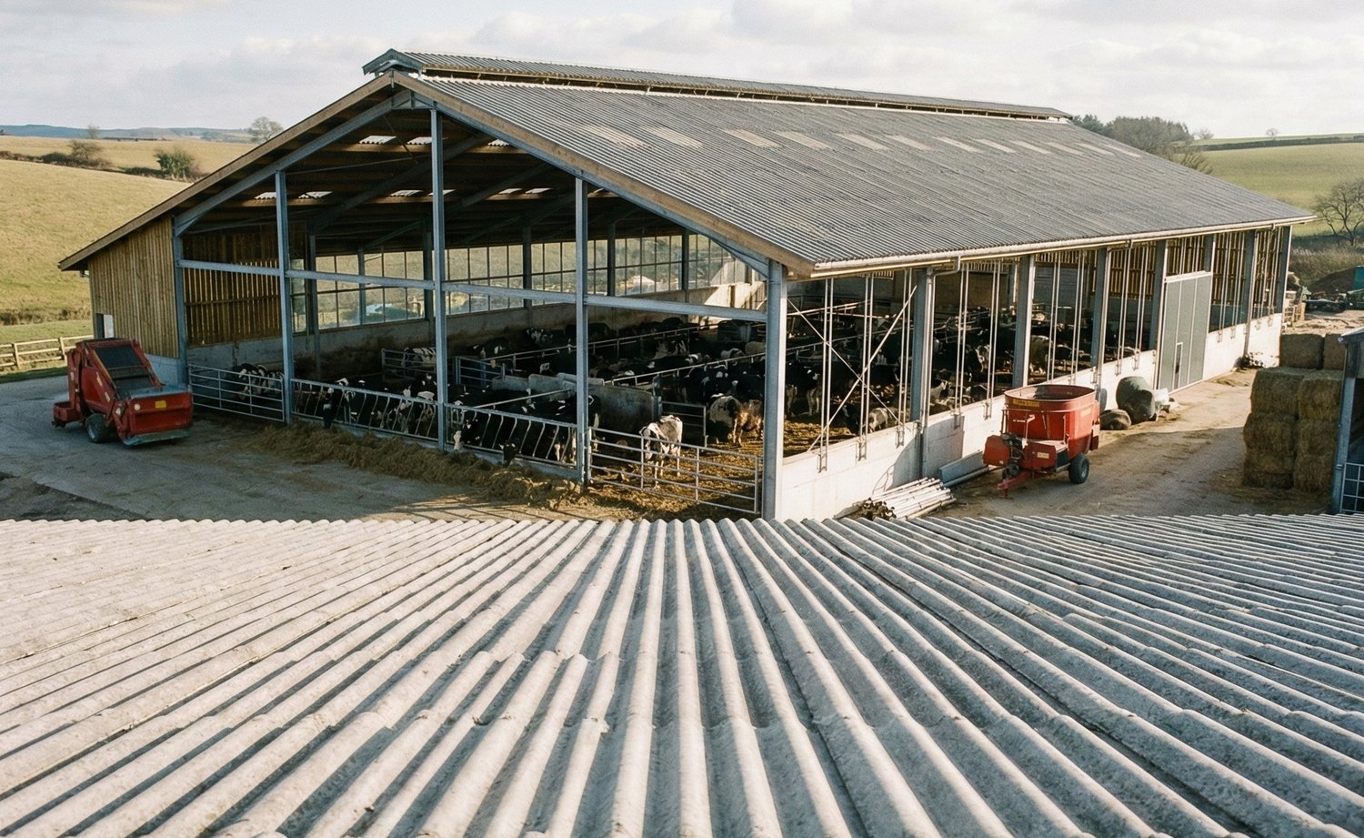 Groot staldak met grijze vezelcement-golfplaten voor geoptimaliseerde ventilatie