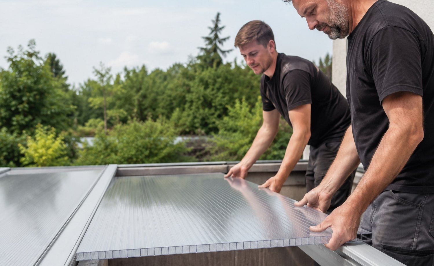 Vakman monteert kanaalplaten in een aluminium montage-profiel van een terrasoverkapping
