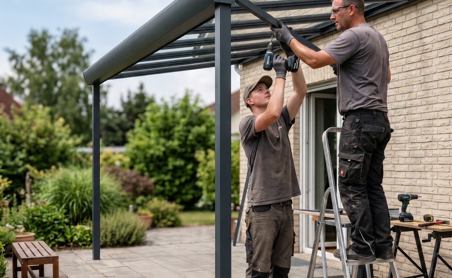 Twee vakmensen monteren de aluminium constructie van een terrasoverkapping aan een gevel