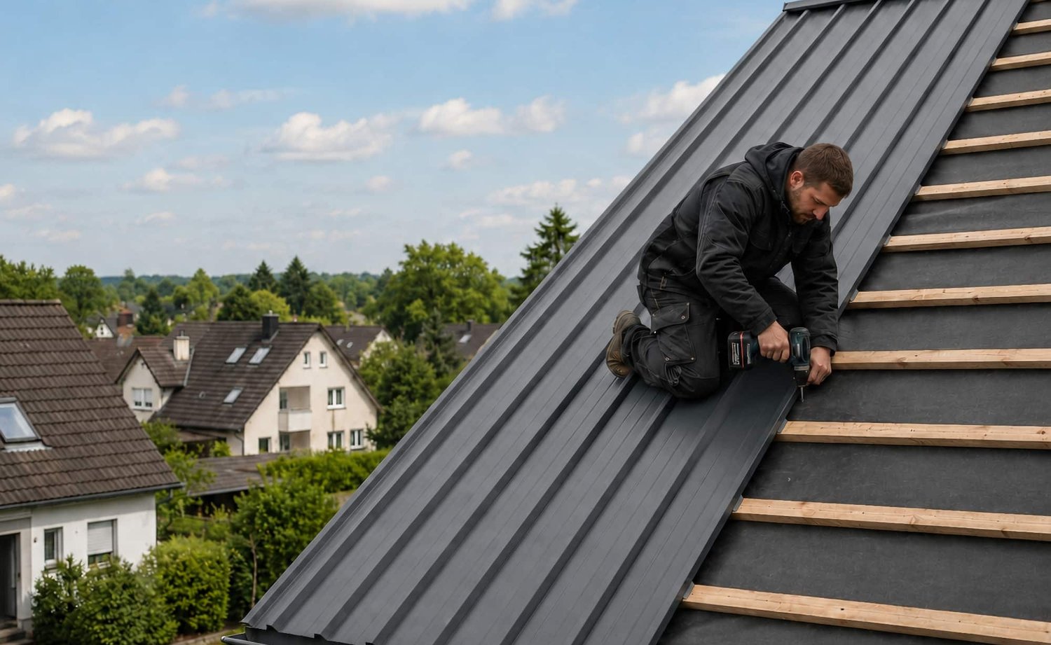 Vakman legt damwandplaten op het dakvlak van een modern gebouw