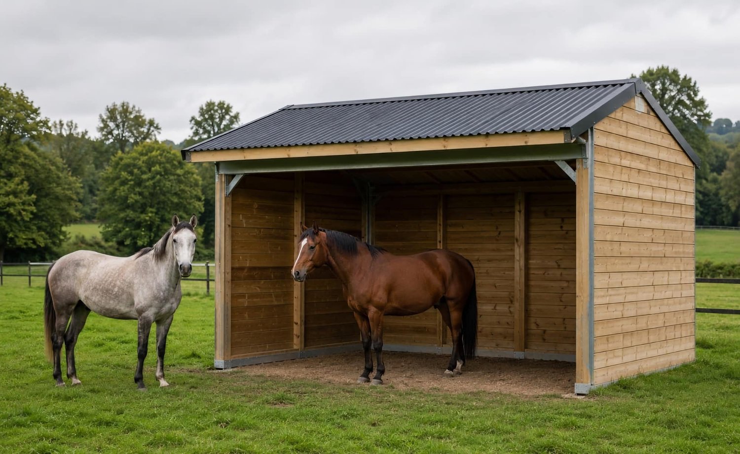 Schuilstal met paarden op de wei, dak van metalen platen