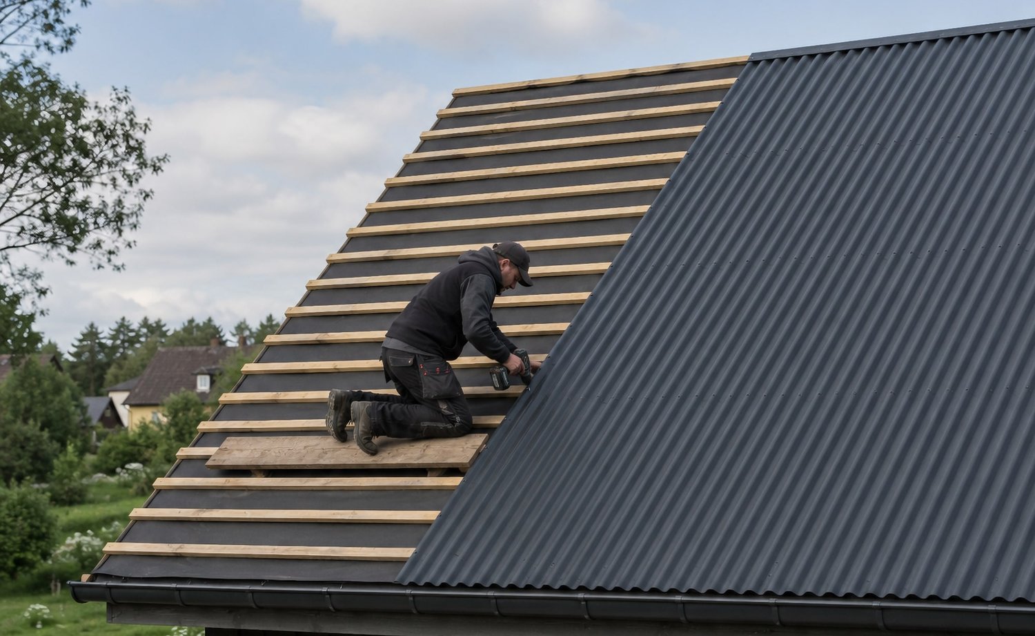 Vakman legt golfplaten met sinusprofiel op het dakvlak van een werkplaatsgebouw
