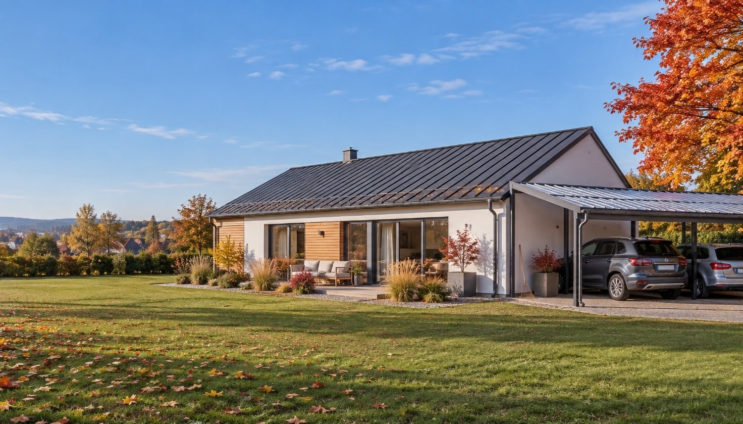 Woning met antracietgrijs damwandplatendak, dakgoten en carport met golfplaten in een herfstige tuin