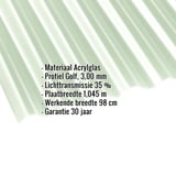 Acrylglas golfplaat 76/18, opaal wit, met ingebedde productgegevens over materiaal, profiel en garantie