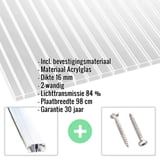 Acrylglas kanaalplaat 16 mm, helder, met weergegeven productgegevens en bevestigingsmateriaal
