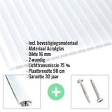Acrylaat kanaalplaat | 16 mm | Profiel A1 | Voordeelpakket | Plaatbreedte 98 cm | Opaal wit | Breedte 4,09 m | Lengte 2,00 m