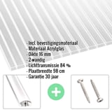 Acrylglas kanaalplaat 16 mm, helder, met ingebouwde gegevens en accessoires zoals schroeven en profiel