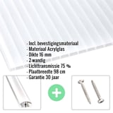 Acrylglas kanaalplaat 16mm opaal wit met productdetails en accessoires
