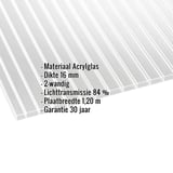 Acrylglas kanaalplaat 16 mm, helder, met ingebouwde gegevens zoals materiaal, dikte en lichttransmissie