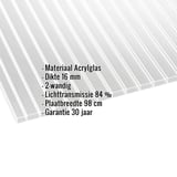 Acrylglas kanaalplaat 16 mm, helder, met ingebouwde productgegevens zoals materiaal, dikte en lichtdoorlatendheid
