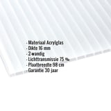 Acrylglas kanaalplaat 16 mm opaal wit met ingebouwde specificaties