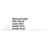 Infographic: Acrylglas massieve plaat 5 mm met ingebedde gegevens over materiaal, dikte, lengte, breedte en garantie