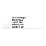 Infographic: Acrylglas massiefplaat 5 mm met materiaal, dikte, lengte, breedte en garantie als tekst weergegeven