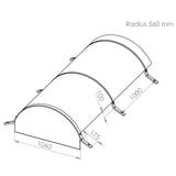 Technische tekening van een polycarbonaat lichtstraat met radius 560 mm en afmetingen