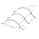 Technische tekening van de gebogen lichtplaat PET met afmetingen: breedte 1380 mm, radius 750 mm