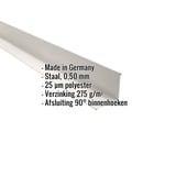 Binnenhoek van staal, zuiverwit RAL 9010, met ingebedde productgegevens en herkomst Made in Germany