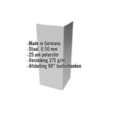 Buitenhoek Zilver-Metallic 0,50 mm, vrijstaand, met ingebedde productgegevens over materiaal en coating