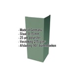 Buitenhoek mosgroen RAL 6005 van 0,75 mm staal met 25 µm polyestercoating, specificaties weergegeven