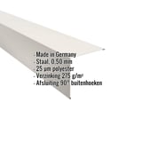 Buitenhoek van staal, zuiverwit RAL 9010, met ingebedde productdetails, infografiek