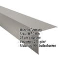 Buitenhoek van staal, RAL9007, 0,50 mm, met ingebedde productgegevens en herkomst Made in Germany