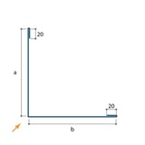 Technische tekening van de buitenhoek met afmetingen a, b en 20 mm omgezette randen