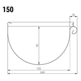 Technische tekening van de dakgoot met afmetingen 150 mm breedte en 90 mm hoogte