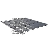 Dakpanplaat Antracietgrijs (RAL 7016) met ingebedde gegevens over materiaal, dikte en coating