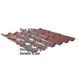 Dakpanplaat Wijnrood (RAL 3005) met ingebedde gegevens over materiaal, dikte, coating en garantie