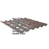 Dakpanplaat Sepiabruin met ingebedde specificaties: materiaal staal, dikte 0,50 mm, viltlaag 1000 g/m², 25 µm polyester