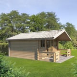 Plaatsing van dakpanplaat 2/1060 Zuiverwit op een tuinhuis met terras