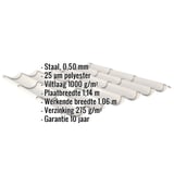 Dakpanplaat Grijswit met ingebedde specificaties voor materiaal, dikte, coating en garantie
